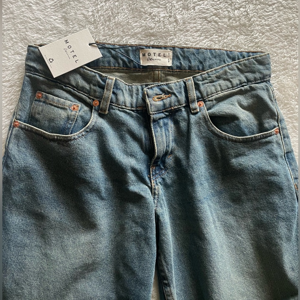 Motel Rocks Low Rise Extra Wide Jeans in Vintage Blue Green